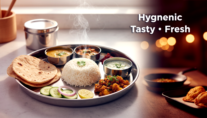 AI Generated Swad Junction hero banner - Veg Thali split day & evening with text